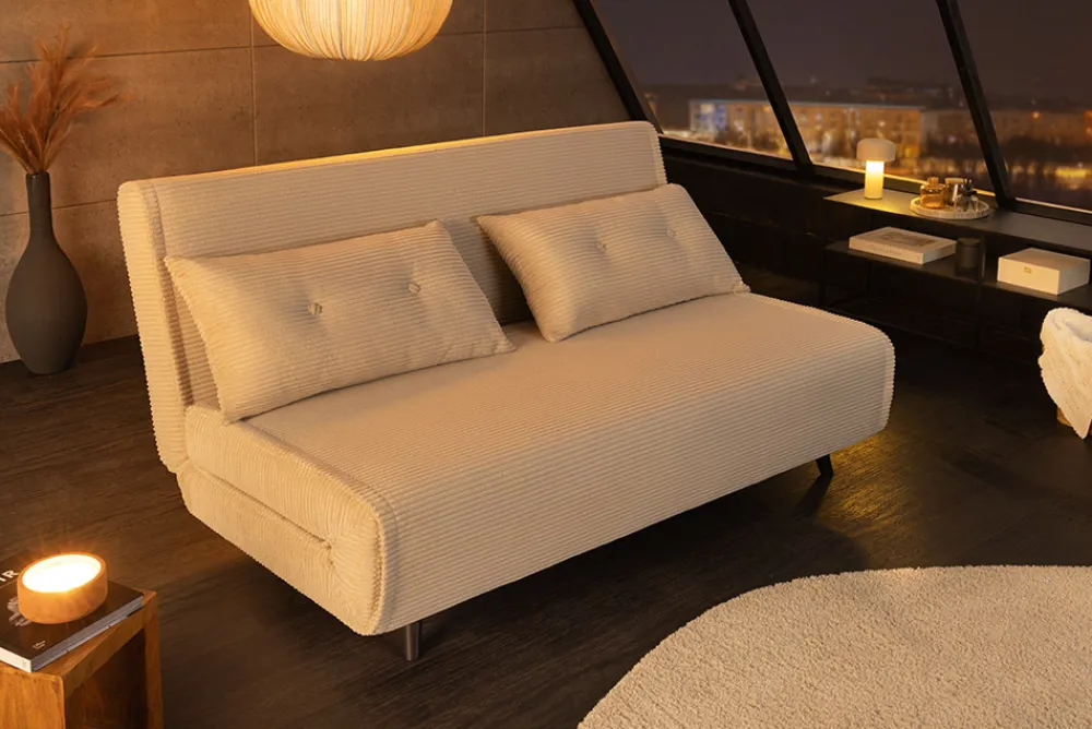 Riess-Ambiente Sessel|Retro Möbel > Retro Schlafsessel SMART MULTIFUNCTION 140cm beige Cord Bettfunktion inkl. Kissen