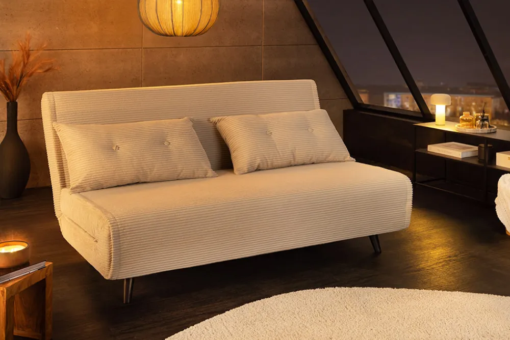 Riess-Ambiente Sessel|Retro Möbel > Retro Schlafsessel SMART MULTIFUNCTION 140cm beige Cord Bettfunktion inkl. Kissen