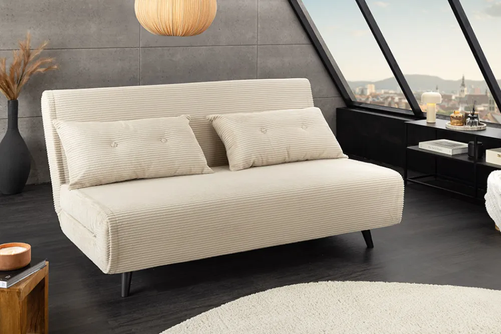 Riess-Ambiente Sessel|Retro Möbel > Retro Schlafsessel SMART MULTIFUNCTION 140cm beige Cord Bettfunktion inkl. Kissen