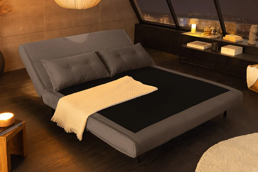 Riess-Ambiente Sessel|Retro Möbel > Retro Schlafsessel SMART MULTIFUNCTION 140cm grau Cord Bettfunktion inkl. Kissen