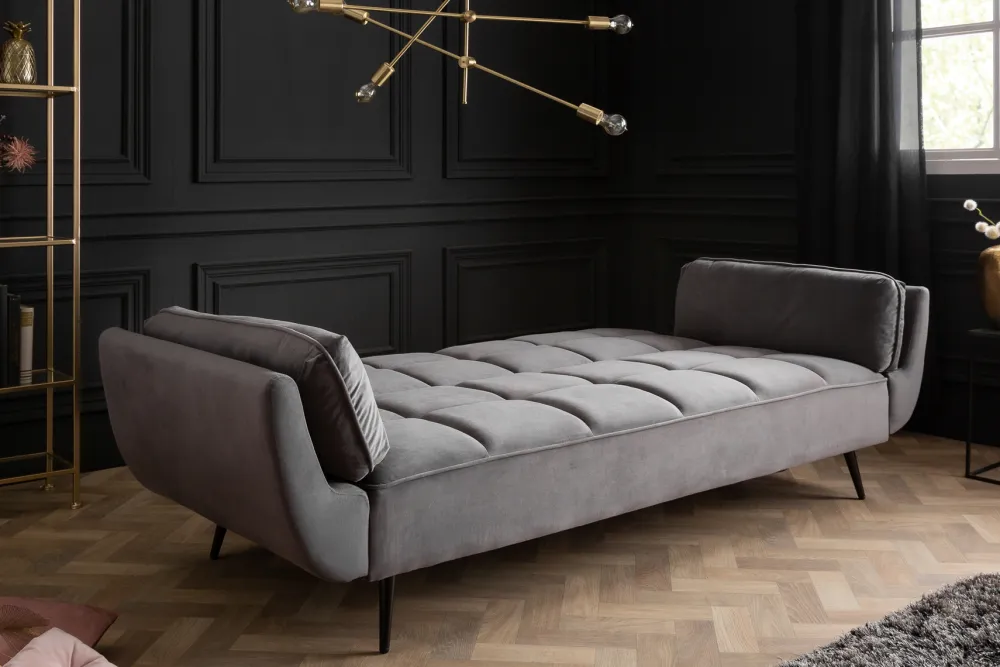 Riess-Ambiente Samt Möbel|Retro Möbel > Retro Schlafsofa BOUTIQUE 215cm grau Samt 3-Sitzer mit schwarzen Füßen