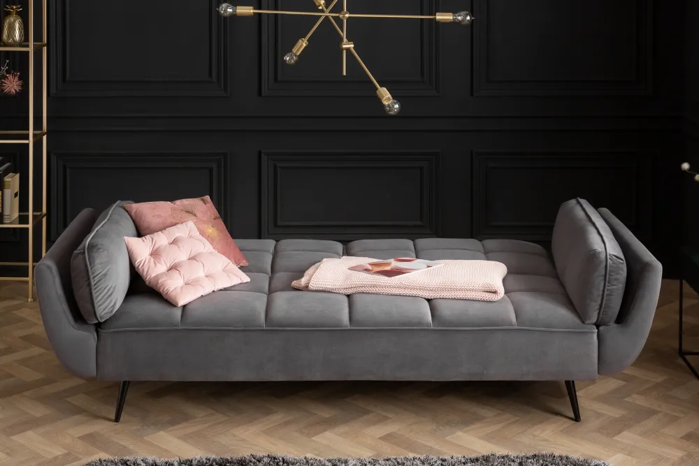 Riess-Ambiente Samt Möbel|Retro Möbel > Retro Schlafsofa BOUTIQUE 215cm grau Samt 3-Sitzer mit schwarzen Füßen