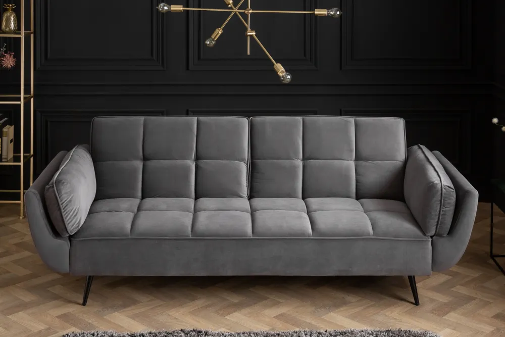 Riess-Ambiente Samt Möbel|Retro Möbel > Retro Schlafsofa BOUTIQUE 215cm grau Samt 3-Sitzer mit schwarzen Füßen