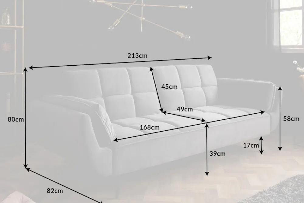 Riess-Ambiente Samt Möbel|Retro Möbel > Retro Schlafsofa BOUTIQUE 215cm grau Samt 3-Sitzer mit schwarzen Füßen