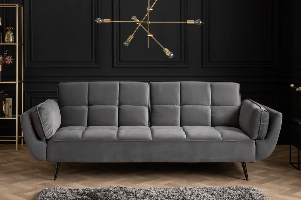 Riess-Ambiente Samt Möbel|Retro Möbel > Retro Schlafsofa BOUTIQUE 215cm grau Samt 3-Sitzer mit schwarzen Füßen