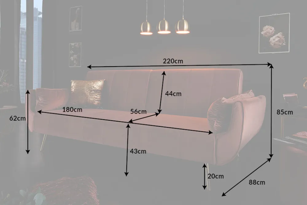 Riess-Ambiente Samt Möbel|Retro Möbel > Retro Schlafsofa DIVANI 220cm altrosa Samt goldene Metallfüße 3-Sitzer mit Bettfunktion