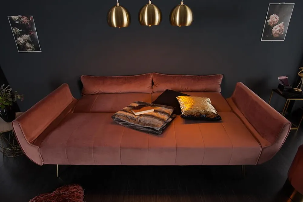 Riess-Ambiente Samt Möbel|Retro Möbel > Retro Schlafsofa DIVANI 220cm altrosa Samt goldene Metallfüße 3-Sitzer mit Bettfunktion