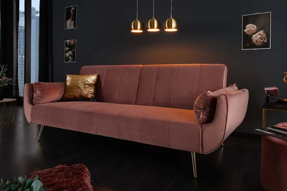 Riess-Ambiente Samt Möbel|Retro Möbel > Retro Schlafsofa DIVANI 220cm altrosa Samt goldene Metallfüße 3-Sitzer mit Bettfunktion