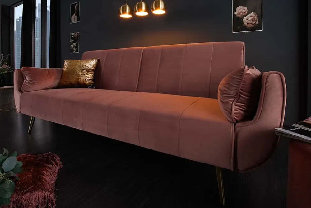 Riess-Ambiente Samt Möbel|Retro Möbel > Retro Schlafsofa DIVANI 220cm altrosa Samt goldene Metallfüße 3-Sitzer mit Bettfunktion