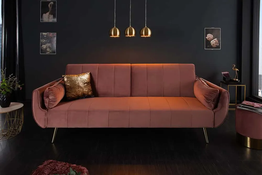 Riess-Ambiente Samt Möbel|Retro Möbel > Retro Schlafsofa DIVANI 220cm altrosa Samt goldene Metallfüße 3-Sitzer mit Bettfunktion