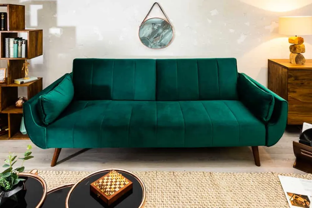 Riess-Ambiente Samt Möbel|Retro Möbel > Retro Schlafsofa DIVANI 220cm smaragdgrün Samt 3-Sitzer mit Bettfunktion