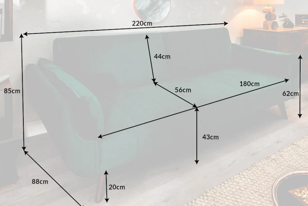Riess-Ambiente Samt Möbel|Retro Möbel > Retro Schlafsofa DIVANI 220cm smaragdgrün Samt 3-Sitzer mit Bettfunktion
