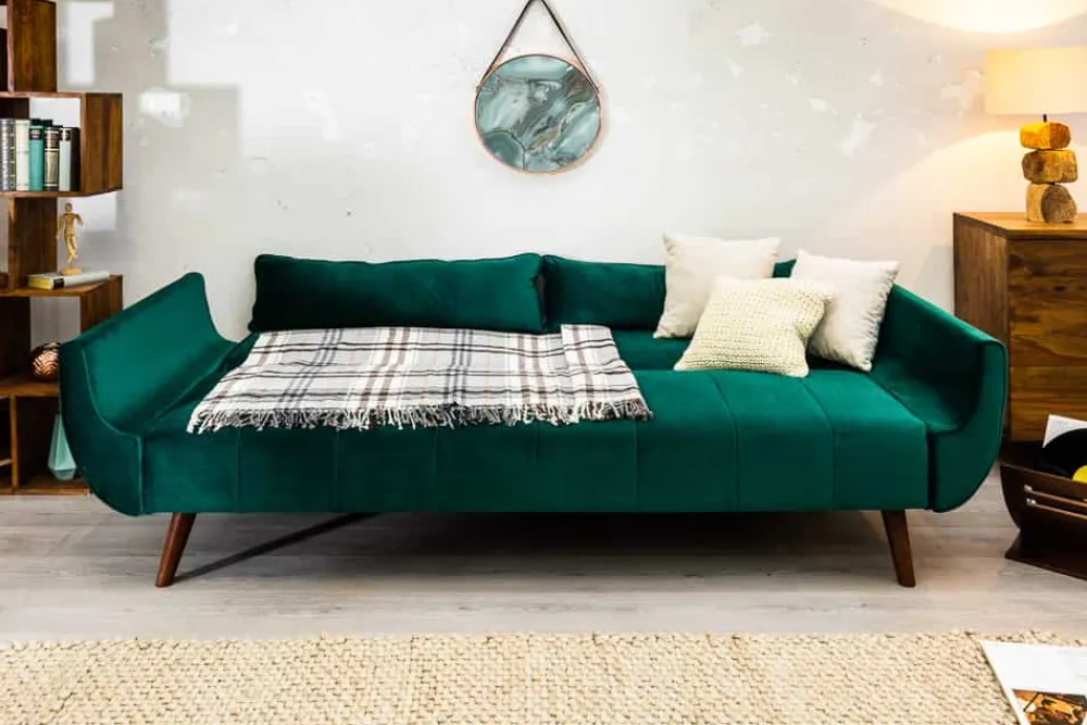 Riess-Ambiente Samt Möbel|Retro Möbel > Retro Schlafsofa DIVANI 220cm smaragdgrün Samt 3-Sitzer mit Bettfunktion