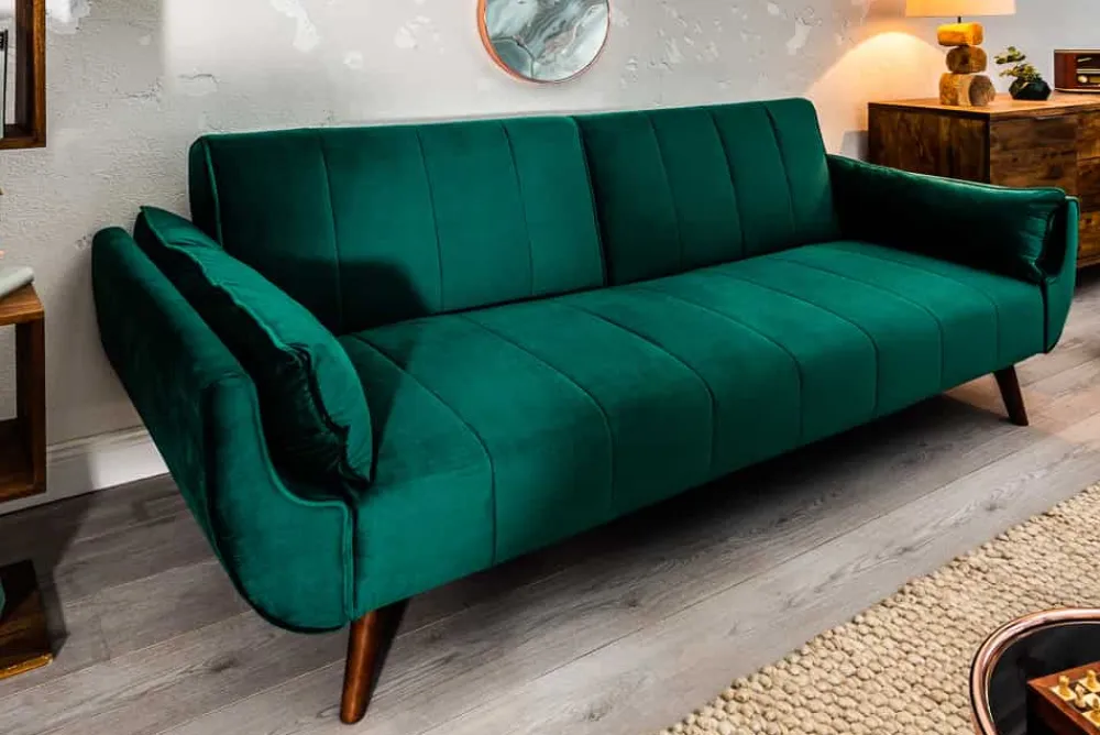 Riess-Ambiente Samt Möbel|Retro Möbel > Retro Schlafsofa DIVANI 220cm smaragdgrün Samt 3-Sitzer mit Bettfunktion