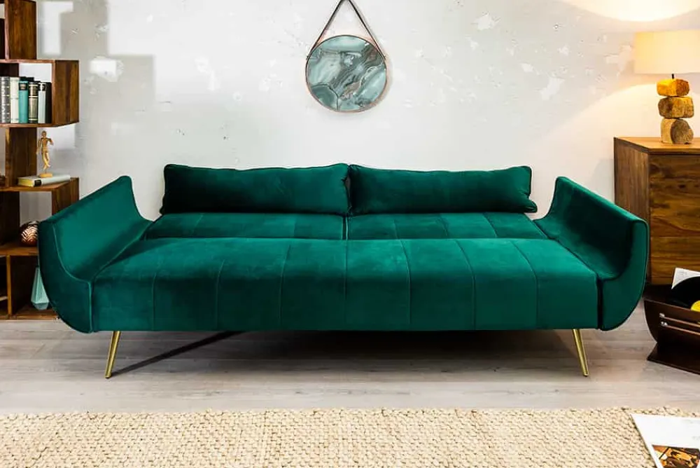 Riess-Ambiente Samt Möbel|Retro Möbel > Retro Schlafsofa DIVANI 220cm smaragdgrün Samt goldene Metallfüße 3-Sitzer mit Bettfunktion