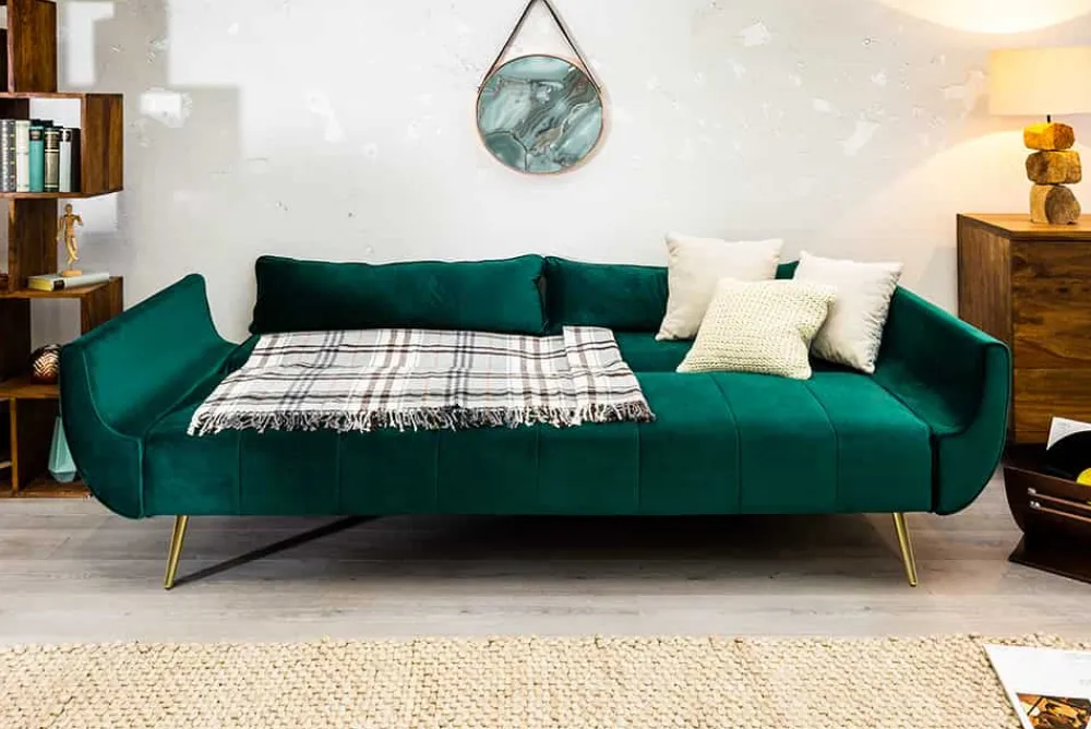 Riess-Ambiente Samt Möbel|Retro Möbel > Retro Schlafsofa DIVANI 220cm smaragdgrün Samt goldene Metallfüße 3-Sitzer mit Bettfunktion