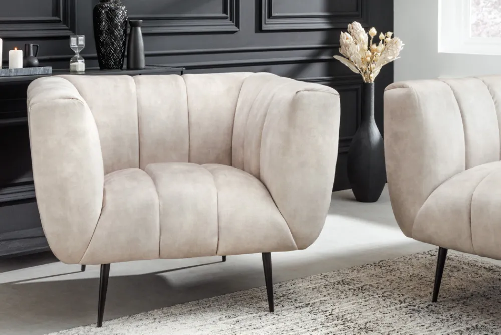 Riess-Ambiente Sessel|Retro Möbel > Retro Sessel NOBLESSE 105cm champagner beige Samt mit Ziersteppung