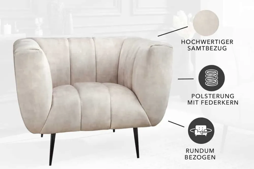 Riess-Ambiente Sessel|Retro Möbel > Retro Sessel NOBLESSE 105cm champagner beige Samt mit Ziersteppung