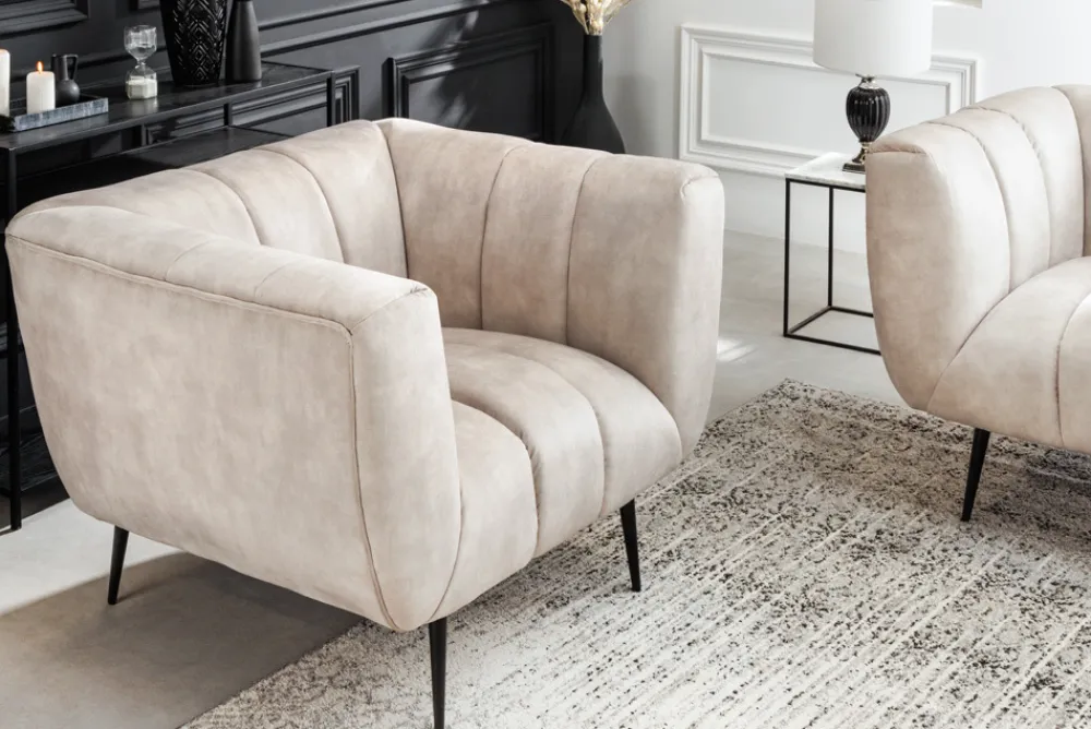 Riess-Ambiente Sessel|Retro Möbel > Retro Sessel NOBLESSE 105cm champagner beige Samt mit Ziersteppung