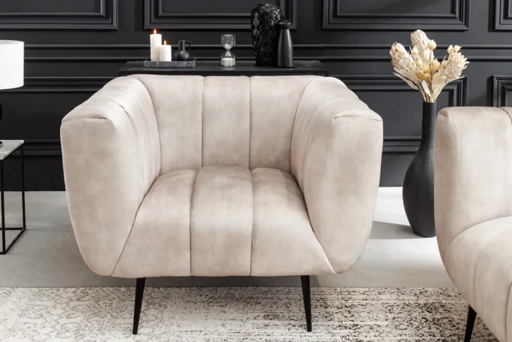 Riess-Ambiente Sessel|Retro Möbel > Retro Sessel NOBLESSE 105cm champagner beige Samt mit Ziersteppung