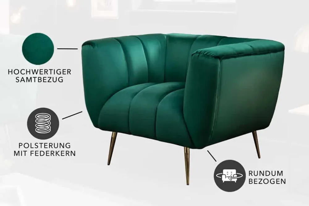 Riess-Ambiente Goldene Möbel|Sessel > Retro Sessel NOBLESSE 105cm smaragdgrün Samt mit Ziersteppung