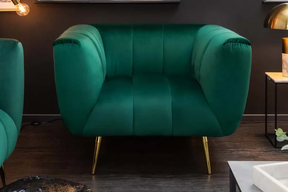 Riess-Ambiente Goldene Möbel|Sessel > Retro Sessel NOBLESSE 105cm smaragdgrün Samt mit Ziersteppung