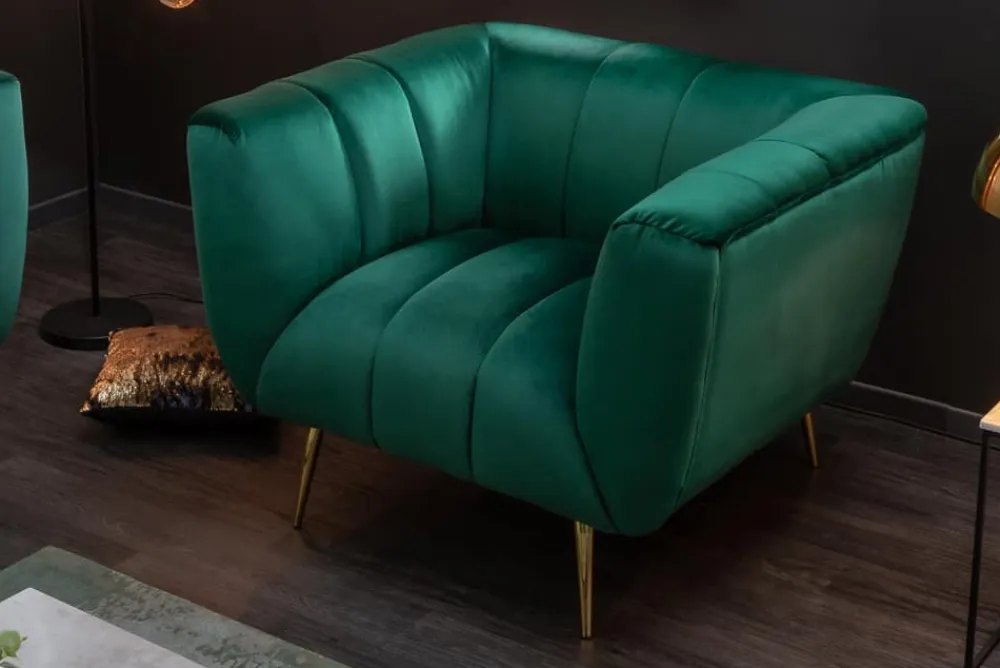 Riess-Ambiente Goldene Möbel|Sessel > Retro Sessel NOBLESSE 105cm smaragdgrün Samt mit Ziersteppung