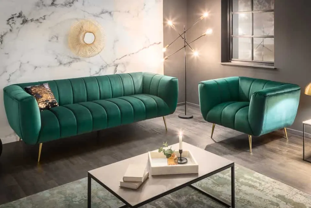 Riess-Ambiente Goldene Möbel|Sessel > Retro Sessel NOBLESSE 105cm smaragdgrün Samt mit Ziersteppung