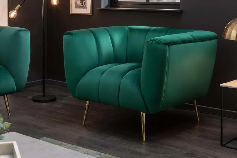 Riess-Ambiente Goldene Möbel|Sessel > Retro Sessel NOBLESSE 105cm smaragdgrün Samt mit Ziersteppung