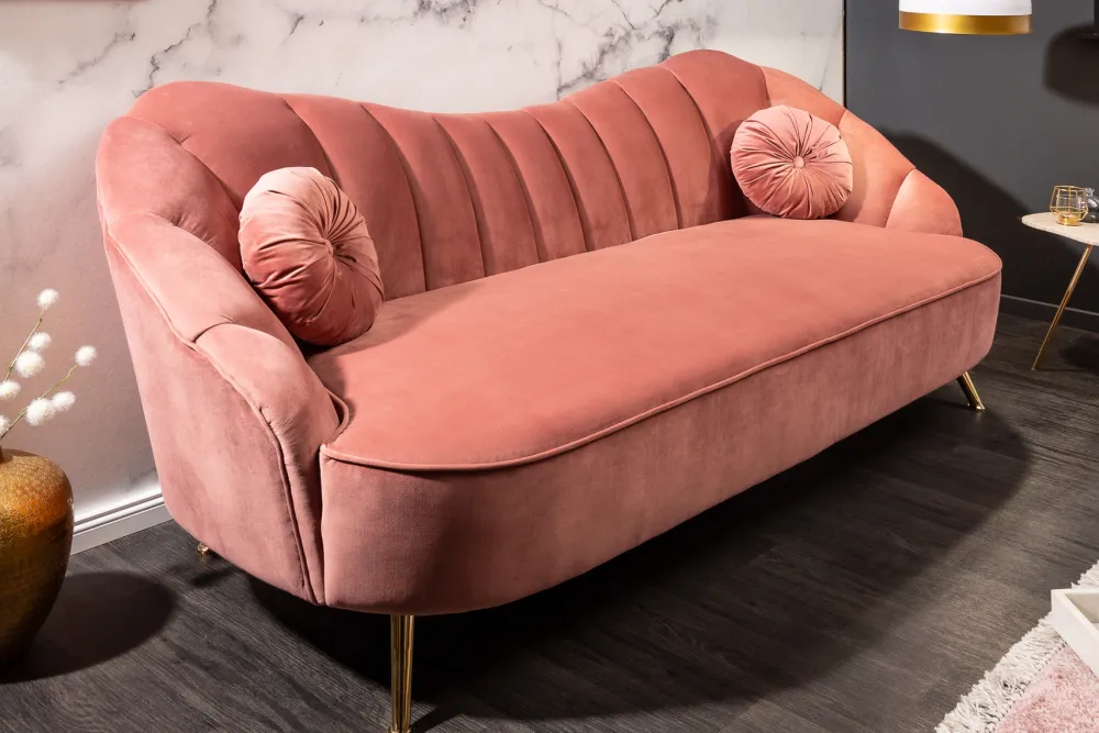 Riess-Ambiente Samt Möbel|Retro Möbel > Retro 3-Sitzer Sofa ARIELLE 220cm altrosa Samt goldene Metallfüße Ziersteppung