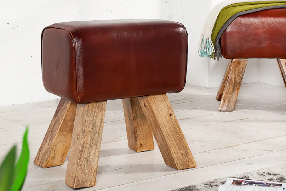 Riess-Ambiente Sitzhocker|Retro Möbel > Retro Sitzhocker TURNBOCK 40cm mit Echtleder Bezug Mangoholz Hocker