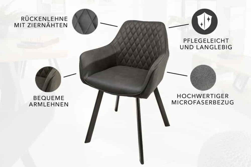 Riess-Ambiente Retro Möbel|Stühle > Retro Stuhl PALERMO anthrazit mit Armlehne und Ziersteppung