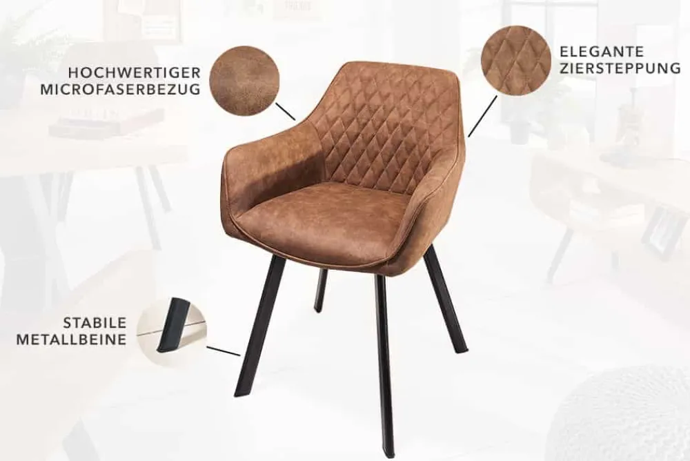 Riess-Ambiente Retro Möbel|Stühle > Retro Stuhl PALERMO vintage hellbraun mit Armlehne und Ziersteppung