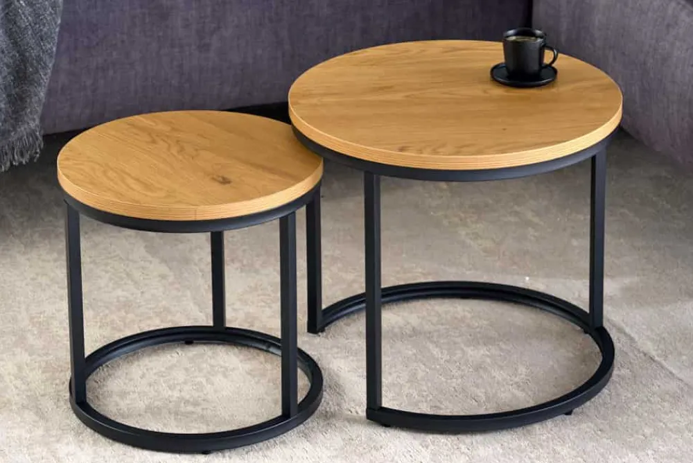 Riess-Ambiente Beistelltische|Industrial Loft > Runde Beistelltische 2er Set ELEGANCE 45cm natur Wildeiche-Design Holz schwarzes Metallgestell