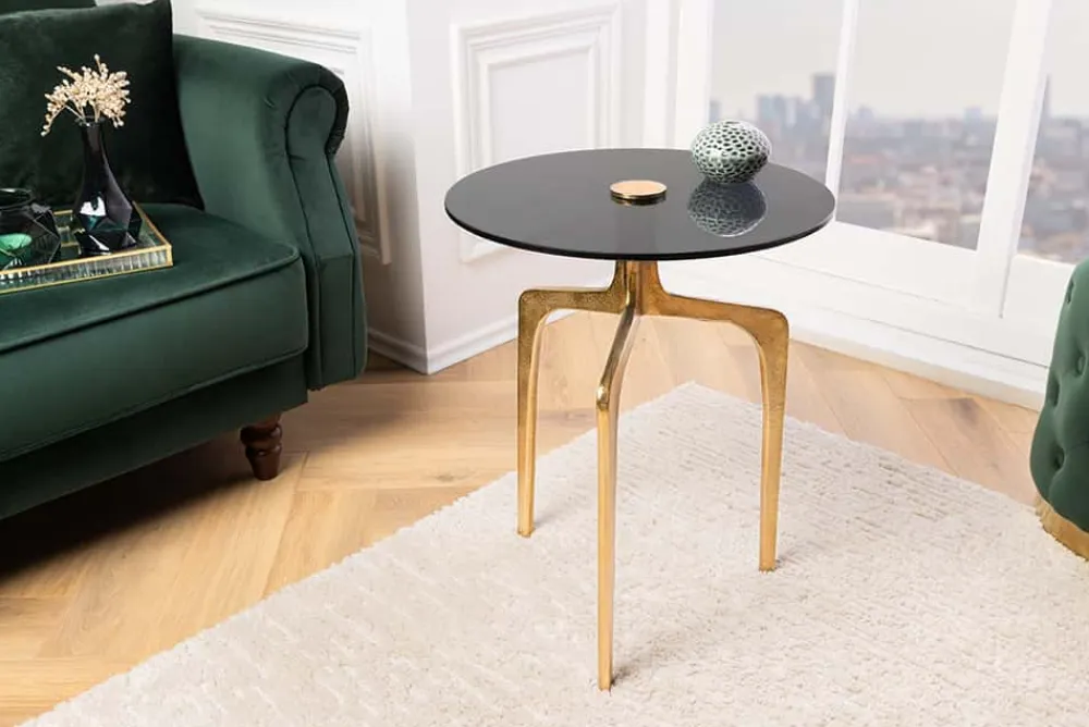 Riess-Ambiente Couchtische & Truhen|Retro Möbel > Runder Beistelltisch ABSTRACT 60cm messing gold Metallbeine Schwarzglas handmade