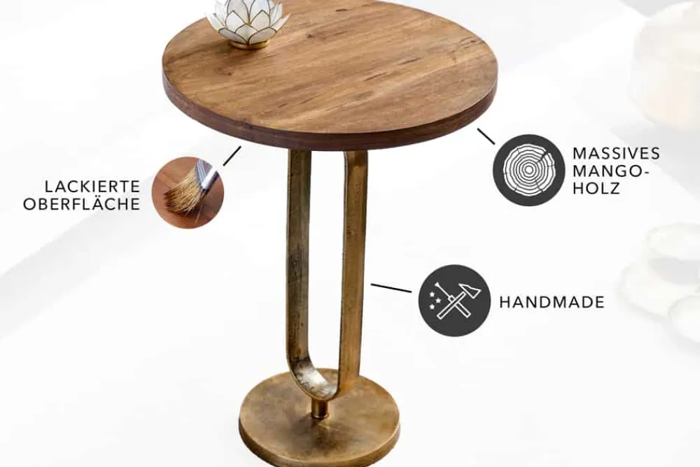 Riess-Ambiente Beistelltische|Mehr... > Runder Beistelltisch ELEGANCE 60cm messing Mangoholz Metall Aluminium massiv handmade