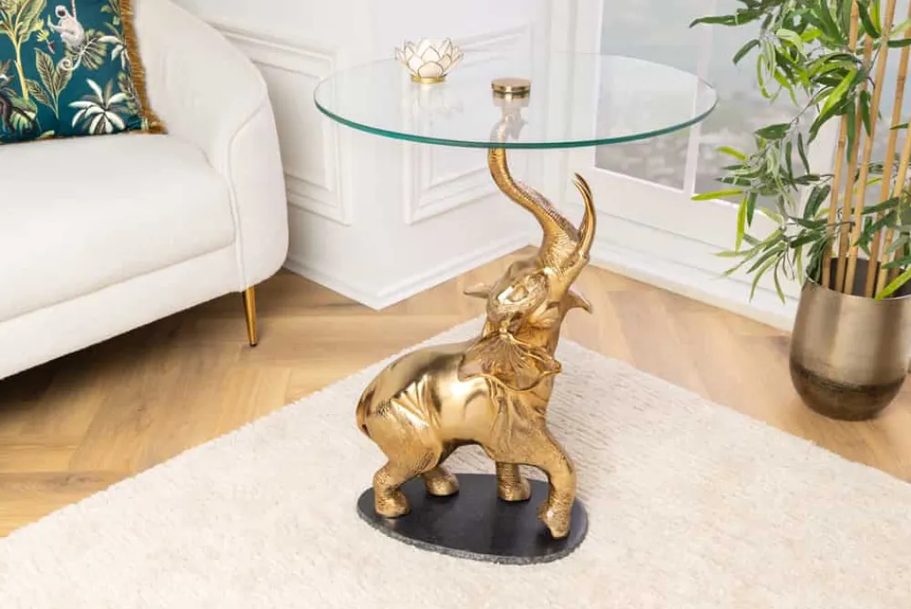 Riess-Ambiente Beistelltische > Runder Beistelltisch ELEPHANT 80cm gold Metall Glas Marmor Skulptur handmade
