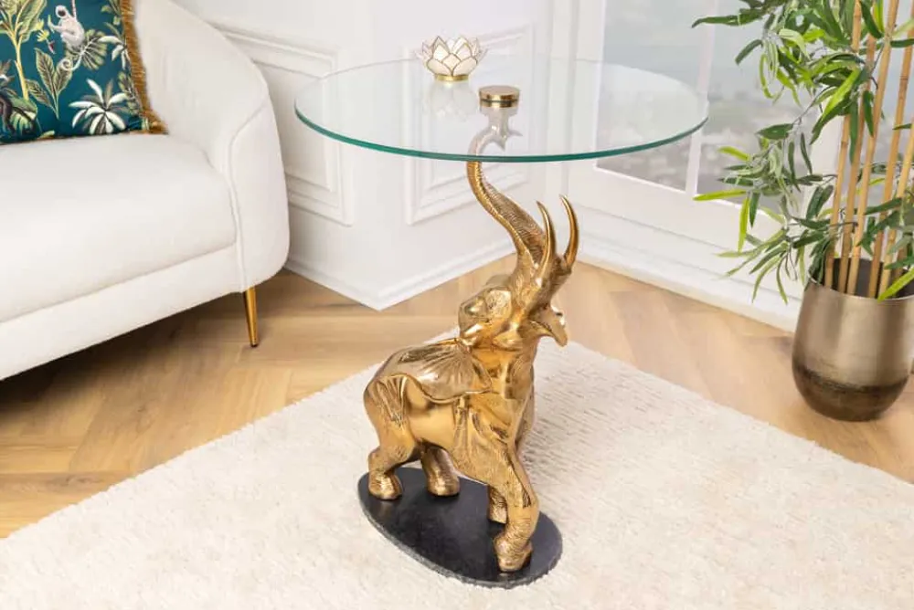 Riess-Ambiente Beistelltische > Runder Beistelltisch ELEPHANT 80cm gold Metall Glas Marmor Skulptur handmade