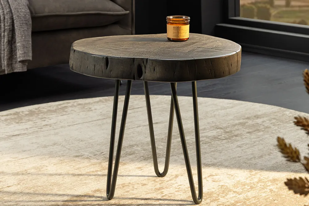 Riess-Ambiente Mehr...|Massivholztische > Runder Beistelltisch GOA 45cm grau Akazie Massivholz Baumscheibe Hairpin Legs Metall