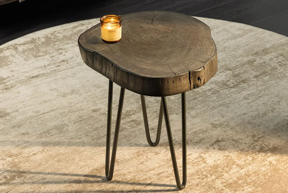 Riess-Ambiente Mehr...|Massivholztische > Runder Beistelltisch GOA 45cm grau Akazie Massivholz Baumscheibe Hairpin Legs Metall
