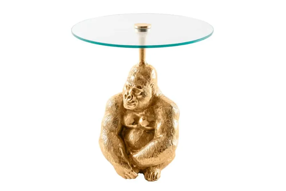 Riess-Ambiente Beistelltische|Goldene Möbel > Runder Beistelltisch KONG 50cm gold Metall Glas Affenfigur Gorilla Skulptur
