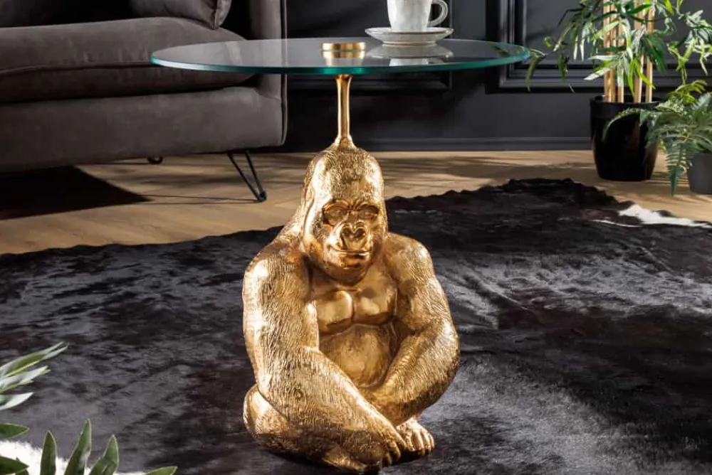 Riess-Ambiente Beistelltische|Goldene Möbel > Runder Beistelltisch KONG 50cm gold Metall Glas Affenfigur Gorilla Skulptur