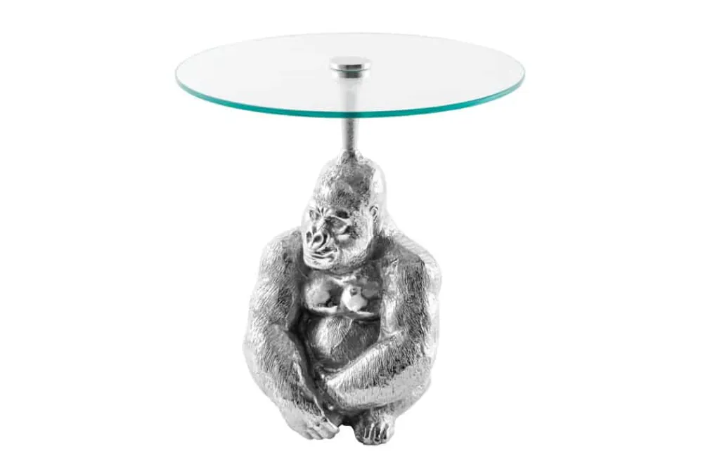 Riess-Ambiente Beistelltische|Couchtische & Truhen > Runder Beistelltisch KONG 50cm silber Metall Glas Affenfigur Gorilla Skulptur