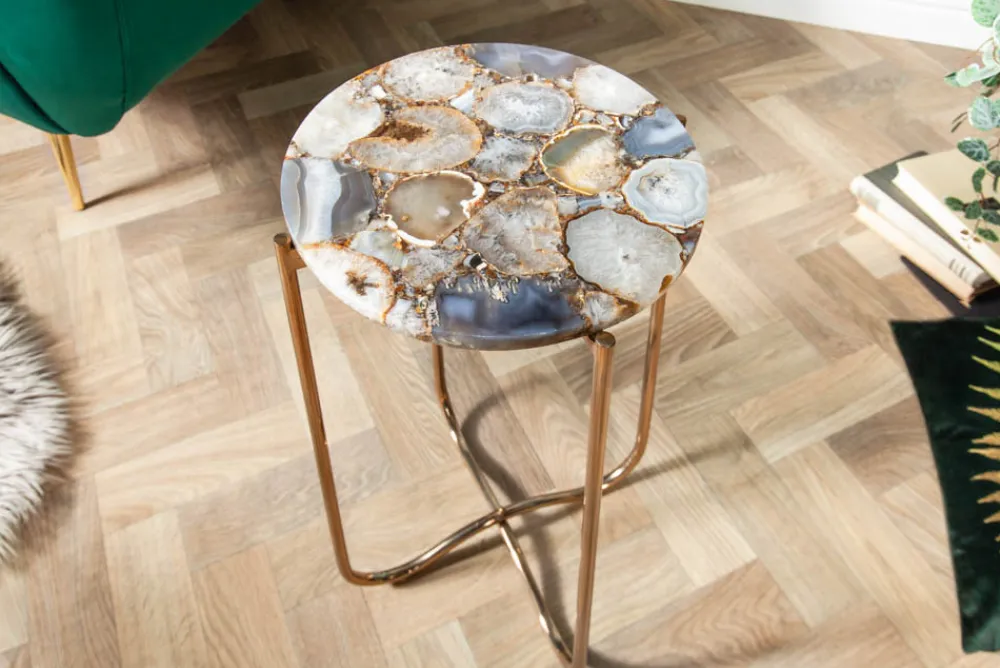 Riess-Ambiente Beistelltische|Goldene Möbel > Runder Beistelltisch NOBLE I 35cm Edelstein Achat klappbar goldenes Metallgestell