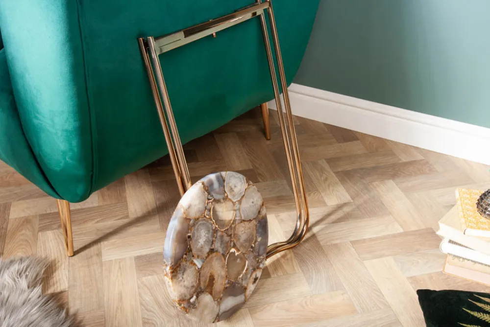 Riess-Ambiente Beistelltische|Goldene Möbel > Runder Beistelltisch NOBLE I 35cm Edelstein Achat klappbar goldenes Metallgestell