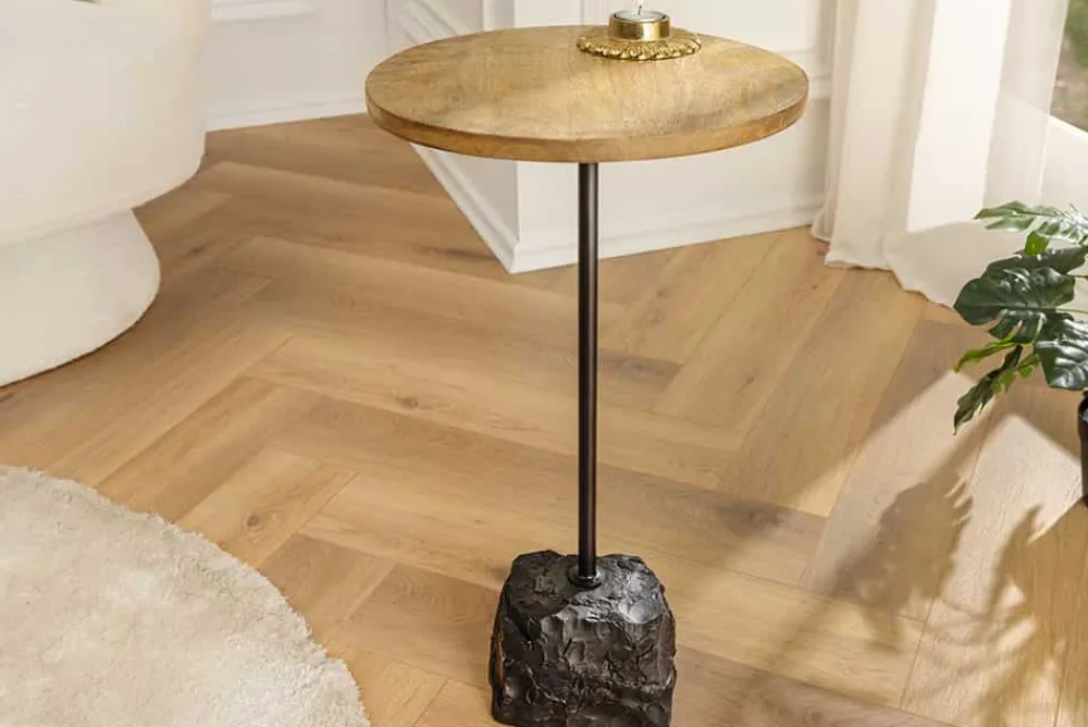 Riess-Ambiente Beistelltische|Mehr... > Runder Beistelltisch TRAYFUL 55cm natur Mangoholz Massivholz Marmorfuß Metall schwarz