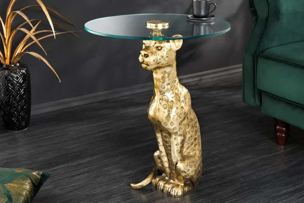 Riess-Ambiente Beistelltische|Goldene Möbel > Runder Beistelltisch WILDLIFE PANTHER 60cm gold antik Metall Glas Skulptur handmade