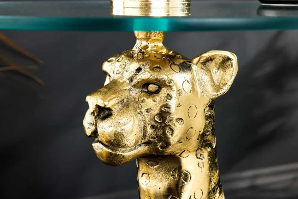 Riess-Ambiente Beistelltische|Goldene Möbel > Runder Beistelltisch WILDLIFE PANTHER 60cm gold antik Metall Glas Skulptur handmade
