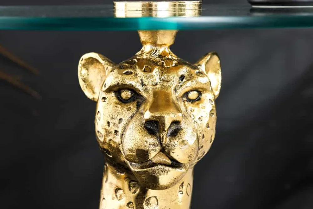 Riess-Ambiente Beistelltische|Goldene Möbel > Runder Beistelltisch WILDLIFE PANTHER 60cm gold antik Metall Glas Skulptur handmade