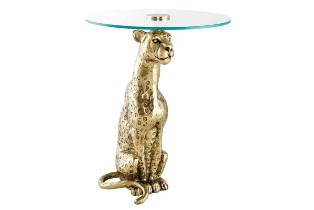 Riess-Ambiente Beistelltische|Goldene Möbel > Runder Beistelltisch WILDLIFE PANTHER 60cm gold antik Metall Glas Skulptur handmade
